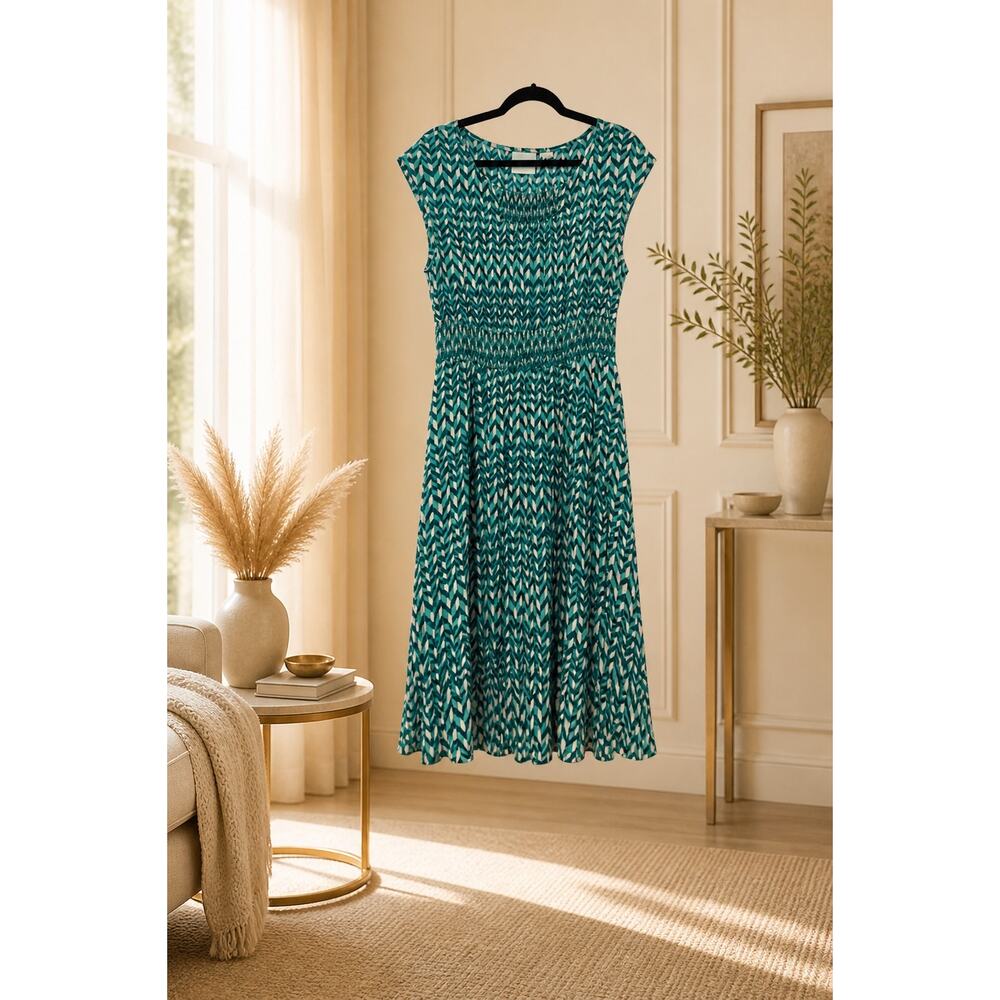 Maeve Evaline Dress Small Anthropologie Smocked Green Geometric Business Casual